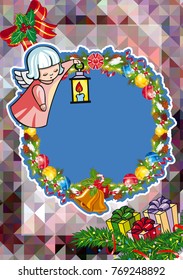 Christmas holiday card with pine branches, sweet little angel and wreath. Copy space. Vector clip art.