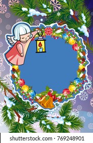 Christmas holiday card with pine branches, sweet little angel and wreath. Copy space. Vector clip art.