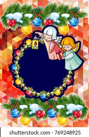 Christmas holiday card with pine branches, sweet little angel and wreath. Copy space. Vector clip art.