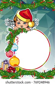 Christmas holiday card with pine branches, sweet little angel and wreath. Copy space. Vector clip art.