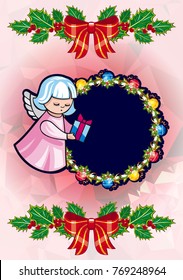 Christmas holiday card with pine branches, sweet little angel and wreath. Copy space. Vector clip art.