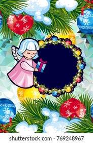 Christmas holiday card with pine branches, sweet little angel and wreath. Copy space. Vector clip art.