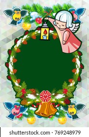 Christmas holiday card with pine branches, sweet little angel and wreath. Copy space. Vector clip art.