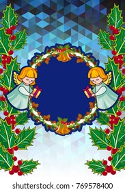Christmas holiday card with pine branches, sweet little angel and wreath. Copy space. Vector clip art.