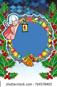 Christmas holiday card with pine branches, sweet little angel and wreath. Copy space. Vector clip art.
