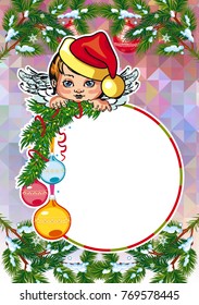 Christmas holiday card with pine branches, sweet little angel and wreath. Copy space. Vector clip art.