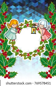 Christmas holiday card with pine branches, sweet little angel and wreath. Copy space. Vector clip art.