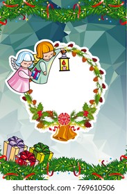 Christmas holiday card with pine branches, sweet little angel and wreath. Copy space. Vector clip art.