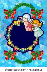 Christmas holiday card with pine branches, sweet little angel and wreath. Copy space. Vector clip art.