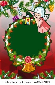 Christmas holiday card with pine branches, sweet little angel and wreath. Copy space. Vector clip art.