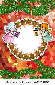 Christmas holiday card with pine branches, sweet little angel and wreath. Copy space. Vector clip art.