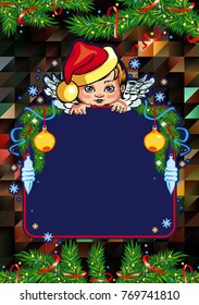 Christmas holiday card with pine branches, sweet little angel and wreath. Copy space. Vector clip art.