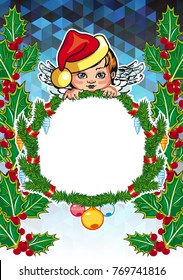 Christmas holiday card with pine branches, sweet little angel and wreath. Copy space. Vector clip art.