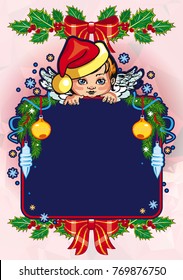 Christmas holiday card with pine branches, sweet little angel and wreath. Copy space. Vector clip art.