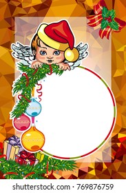 Christmas holiday card with pine branches, sweet little angel and wreath. Copy space. Vector clip art.