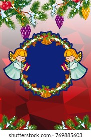 Christmas holiday card with pine branches, sweet little angel and wreath. Copy space. Vector clip art.