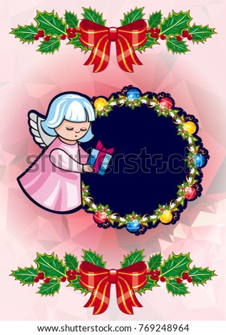 Christmas holiday card with pine branches, sweet little angel and wreath. Copy space. Vector clip art.