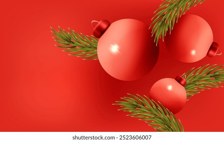 Natal cartão de férias com ramos verdes realistas e bolas vermelhas 3d. Banner x-mas de inverno Feliz Feriados com plástico baubles elemento de design de decoração. Feliz ano novo vetor fundo.