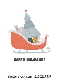 Christmas holiday card with Santa sleigh, Christmas tree and gift boxes. Xmas greeting card.