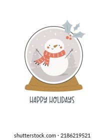 Christmas holiday card with snowball and snoman inside. Xmas greeting card.