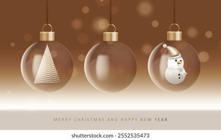 Christmas holiday card with transparent glass balls, geometric tree and snowman inside brown background. Xmas banner with snowman in gold santa hat vector. Happy New Year concept.