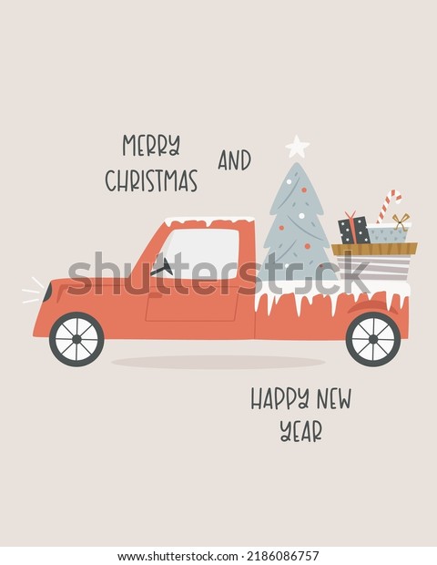 Christmas holiday card with vintage pick up\
truck, tree and gifts. Xmas greeting\
card