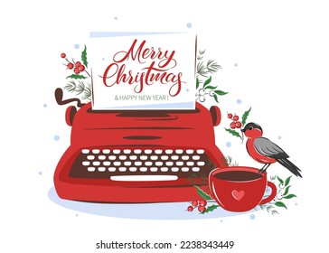 Christmas holiday card  Vintage typewriter   cup coffee  bird and christmas decor and winter berries  Vector illustration