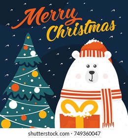Christmas holiday card with a white polar bear. 