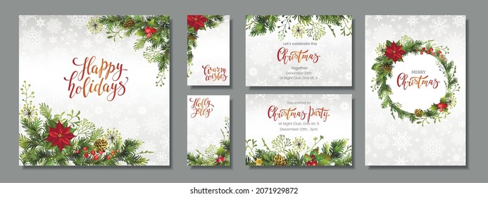 Christmas holiday cards, flyers or invitations. Christmas decor. Set of backgrounds for winter holidays.Vector illustration.