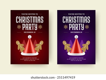 Christmas holiday celebrate party festival flyer invitation design template set realistic vector illustration. Winter festive event New Year Xmas announce poster Santa Claus hat gingerman bauble