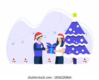 Christmas holiday celebration. Men give gifts to girlfriends. christmas tree vector illustration.