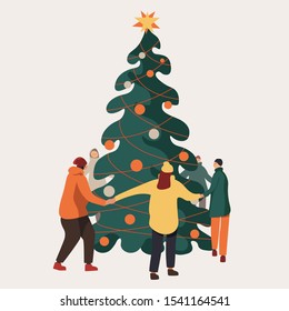 Christmas holiday celebration vector illustration. People dancing around Christmas tree. Winter holiday festive event, cartoon style