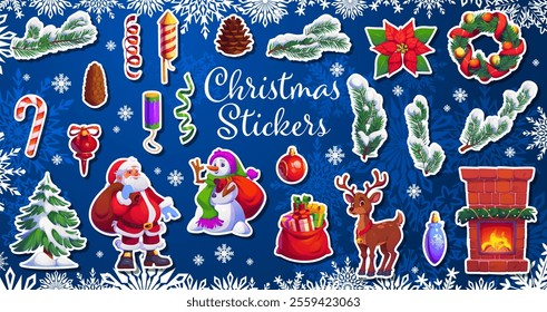 Christmas holiday characters and decoration stickers pack. Cartoon vector Santa Claus, snowman, reindeer, festive wreath, pinecone, tree and candy cane. Fireplace, gifts bag and bauble with flappers