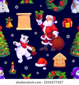 Christmas holiday characters seamless pattern. Vector festive tile background or wrapping paper with cartoon Santa, polar bear, decorated tree, gift, holly, snowflakes, gingerbread, candles and scroll