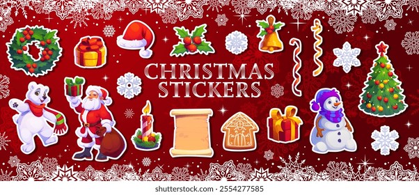 Christmas holiday characters stickers pack. Vector festive patches including Santa Claus, snowman, polar bear, wreath, scroll, gifts, Christmas tree, candle, bell, snowflakes and tinsel decorations