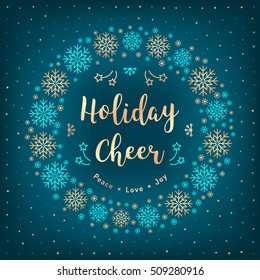 Christmas Holiday Cheer card. Christmas wreath of snowflakes, Xmas gold lettering, winter turquoise background. Holiday party invitation, flyer, poster. Minimal design, Business elegant style, Vector