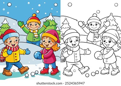 Navidades de vacaciones. Niños jugando bolas de nieve.