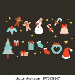 Christmas holiday clip arts vector illustration. Tree, socks, candy, hat, snowman, cookie, snowflake, present box.