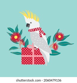 Christmas Holiday Cockatoo Parrot Exotic Seasonal Celebration with Gum Leaves