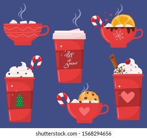 Christmas holiday coffee or chocolate mug. Cocoa with marshmallows, warming winter drinks. Christmas hot chocolate mugs or winter cappuccino and latte cups. Vector set of hot drinks.