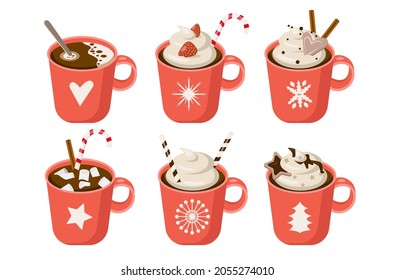 Christmas holiday coffee mug. Cocoa with marshmallows, winter warming drinks and hot espresso cup. Xmas hot chocolate red mugs or winter cappuccino and latte cups. Isolated vector illustration set