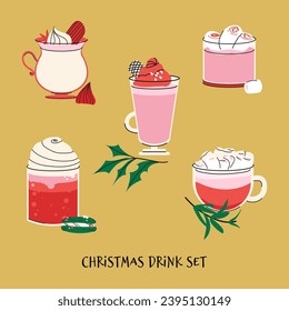 Christmas holiday coffee mug. Cocoa with marshmallows, winter warming drinks and hot espresso cup. Xmas hot chocolate mugs or winter cappuccino and latte cups. Isolated vector illustration icons set