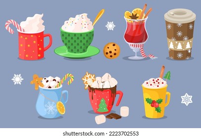 Christmas holiday coffee mug with hot drinks vector set. Cocoa with marshmallows, winter warming beverage as espresso, hot chocolate, cappuccino, latte and mulled wine isolated illustration