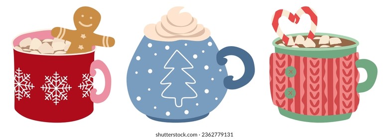 Christmas holiday coffee mug set. Cocoa with marshmallows, winter warming drinks and hot coffee cup. Xmas hot chocolate mugs or winter cappuccino and latte cups. Isolated vector flat illustration.