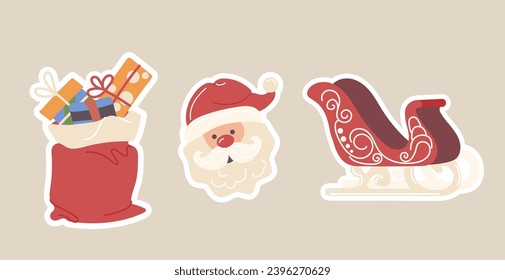 Christmas holiday collection with Santa Clause funny face, red sack of gifts and magic sleigh