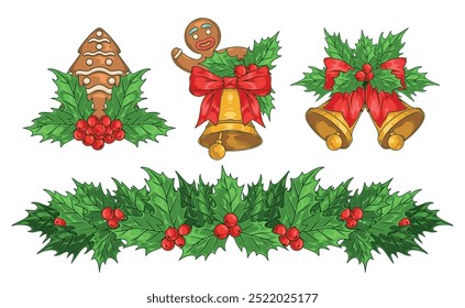 Christmas holiday colorful detailed emblem with xmas holly garlands and gingerbread or golden bells for apartment decoration vector illustration