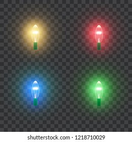 Christmas holiday colorful light lamps. Retro styled. Realistic vector set. Isolated on dark background.