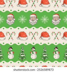 Christmas holiday colorful pattern seamless with Santa and snowman near New Year hat and fir trees or candy vector illustration