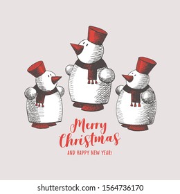 Christmas holiday composition with funny snowmen. New year design for greeting card, poster. Happy winter vacations. Xmas layout creative banner. Vector seasonal illustration.