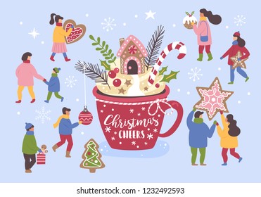Christmas holiday concept with big hot chocolate cup and small  people dressed in winter clothes with Christmas cookies.  Vector illustration